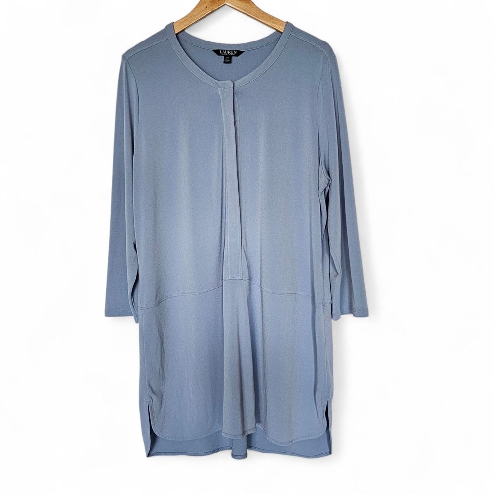 Ralph Lauren Tunic Top Size 2X Light Blue Gray Long Sleeve Side Slit Minimalist